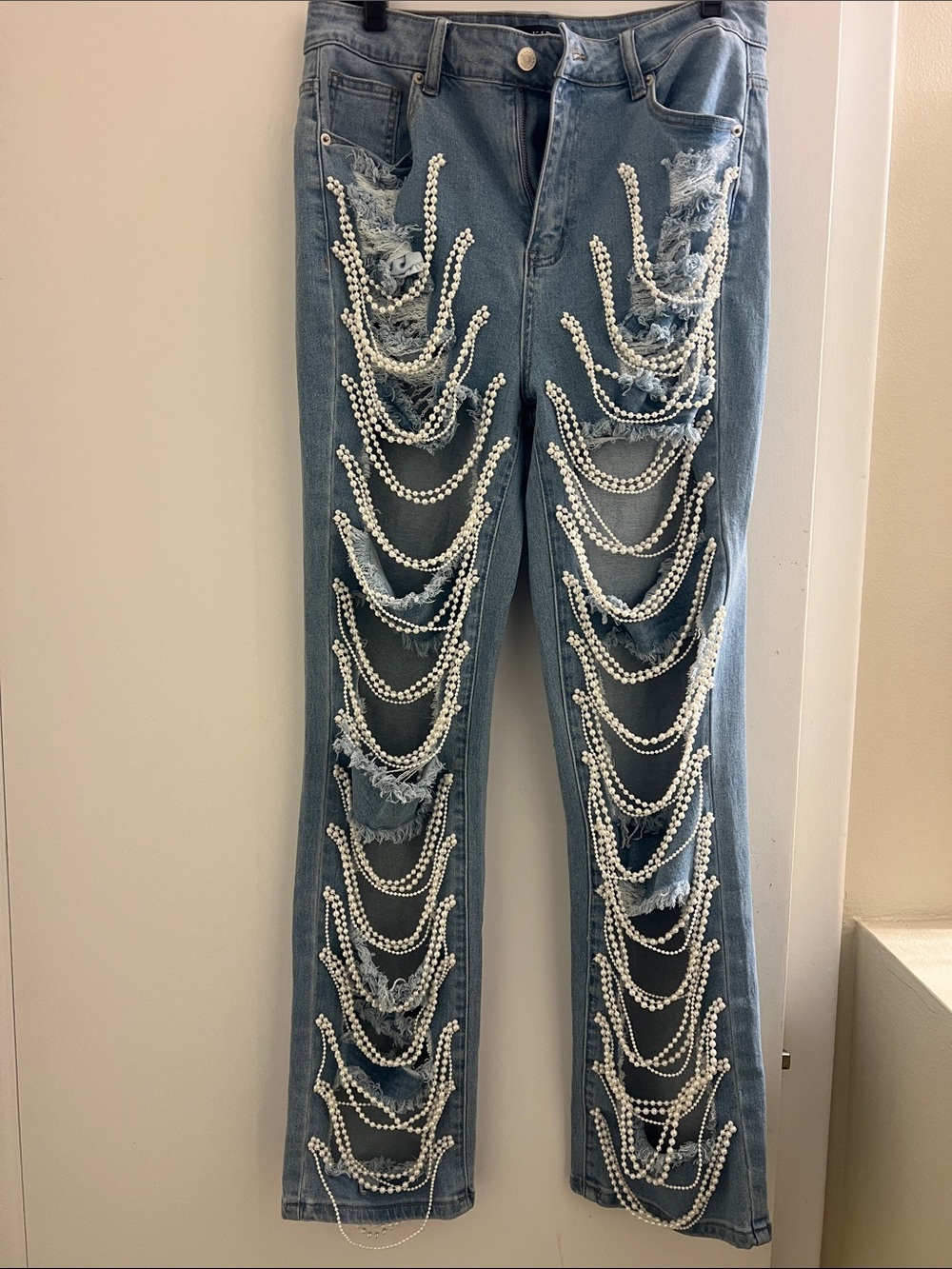 AKIRA Light Blue Straight Leg Jeans with Pearl Chain Accents